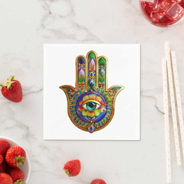 Colorful Flower Petals Turquoise Third Eye Hamsa Napkins (Insitu)