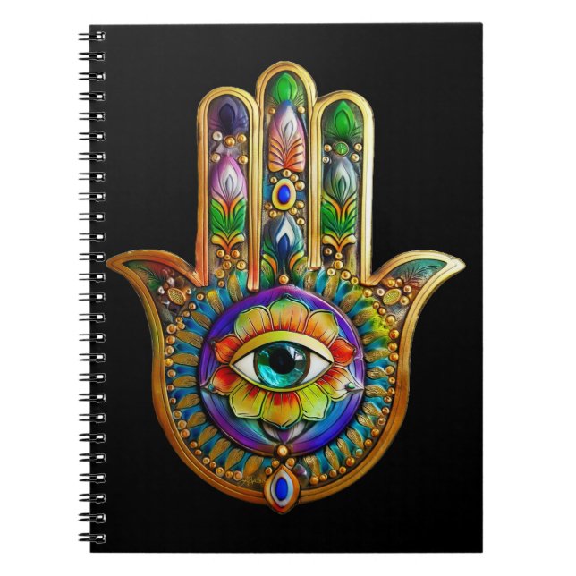 Colorful Flower Petals Turquoise Third Eye Hamsa Notebook (Front)