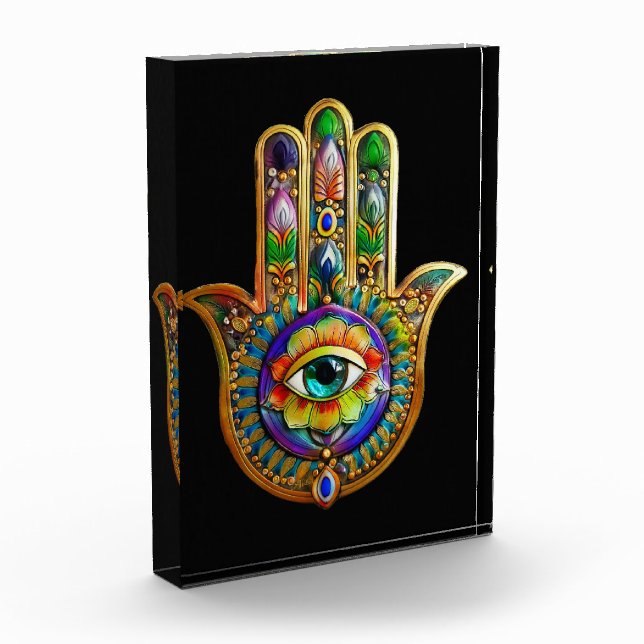 Colorful Flower Petals Turquoise Third Eye Hamsa Photo Block (Left)
