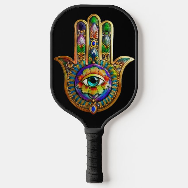 Colorful Flower Petals Turquoise Third Eye Hamsa Pickleball Paddle (Front)