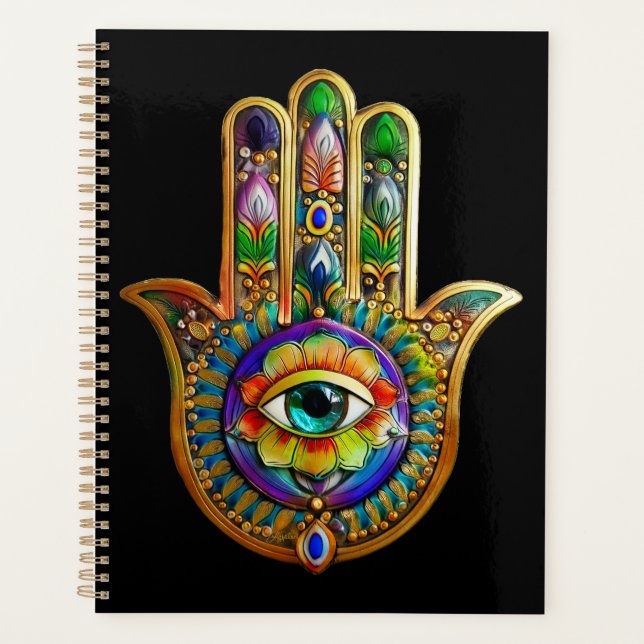 Colorful Flower Petals Turquoise Third Eye Hamsa Planner (Front)