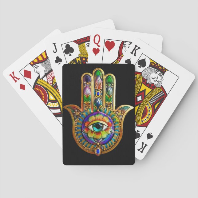 Colorful Flower Petals Turquoise Third Eye Hamsa Poker Cards (Back)