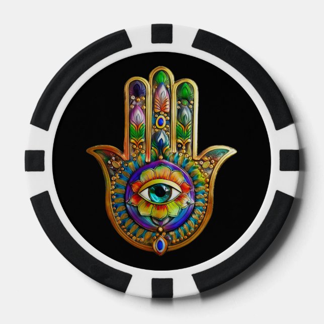 Colorful Flower Petals Turquoise Third Eye Hamsa Poker Chips (Front)