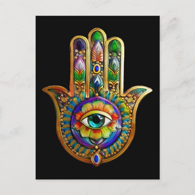 Colorful Flower Petals Turquoise Third Eye Hamsa Postcard (Front)