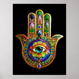 Colorful Flower Petals Turquoise Third Eye Hamsa Poster