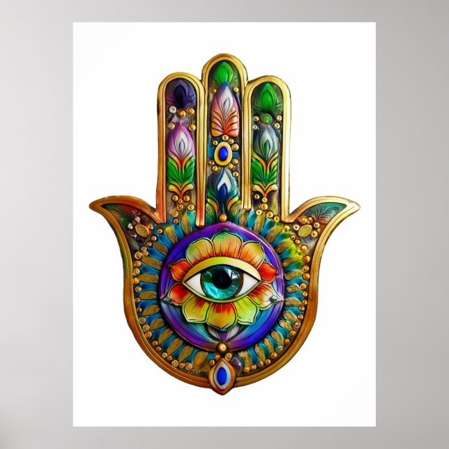 Colorful Flower Petals Turquoise Third Eye Hamsa Poster (Front)