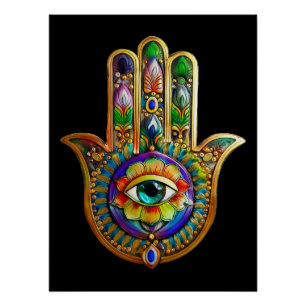 Colorful Flower Petals Turquoise Third Eye Hamsa Poster