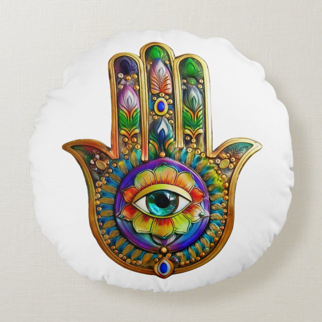 Colorful Flower Petals Turquoise Third Eye Hamsa Round Pillow (Front)