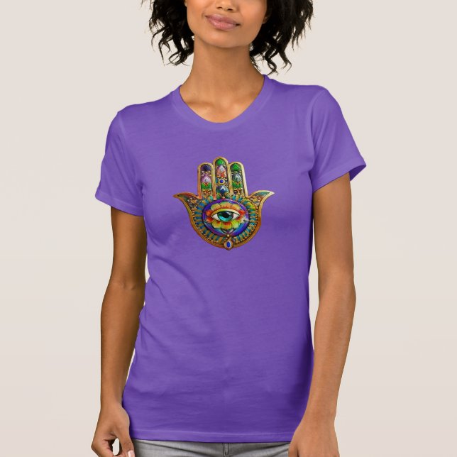 Colorful Flower Petals Turquoise Third Eye Hamsa T-Shirt (Front)