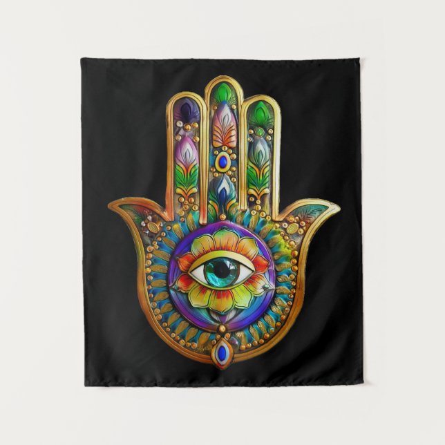 Colorful Flower Petals Turquoise Third Eye Hamsa Tapestry (Front)