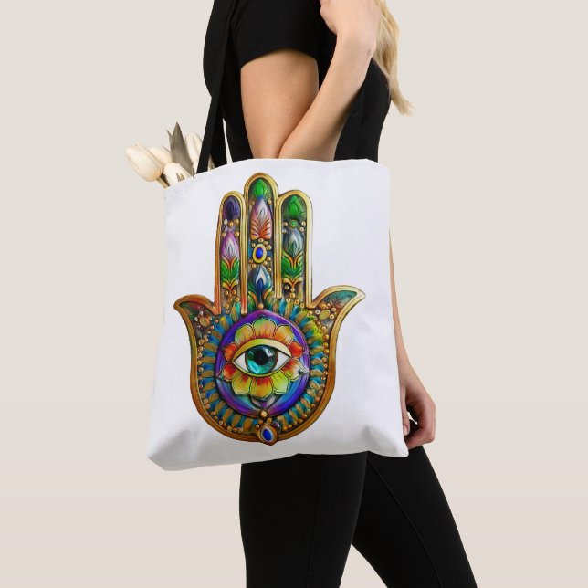 Colorful Flower Petals Turquoise Third Eye Hamsa Tote Bag (Close Up)