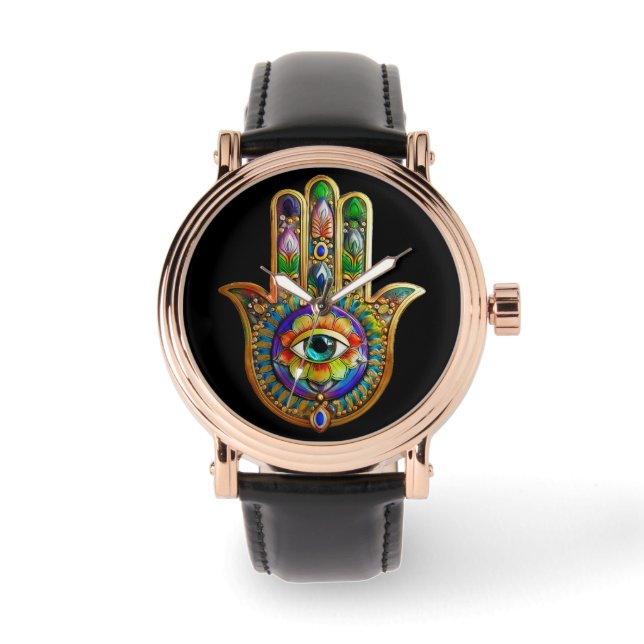 Colorful Flower Petals Turquoise Third Eye Hamsa Watch (Front)