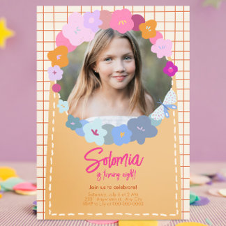 Colorful Flower Photo Birthday Girl Invitation