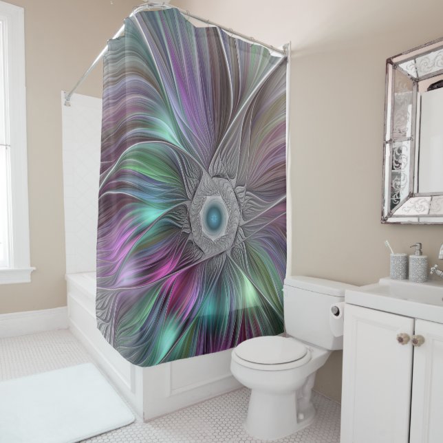Colorful Flower Power Abstract Modern Fractal Art Shower Curtain (In Situ)