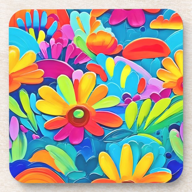Colorful Flower Power Painting Beverage Coaster (Front)