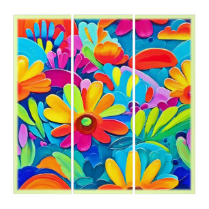 Colorful Flower Power Painting Triptych