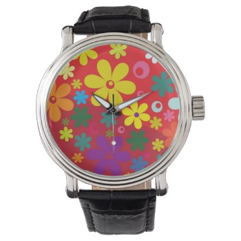 Colorful Flower Power Red Watch by MissMatching at Zazzle