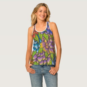 Colorful Flower Print Tank Top Women's Racer Back