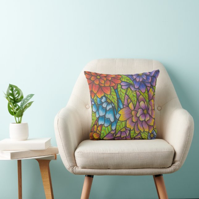 Colorful Flower Print Throw Pillow For Sofa & Bed  (Chair)