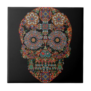 Colorful Flower Sugar Skull Ceramic Tile by ReligiousStore at Zazzle