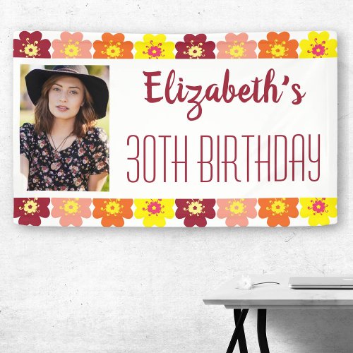 Colorful Flowers 30th Photo Birthday Party Banner