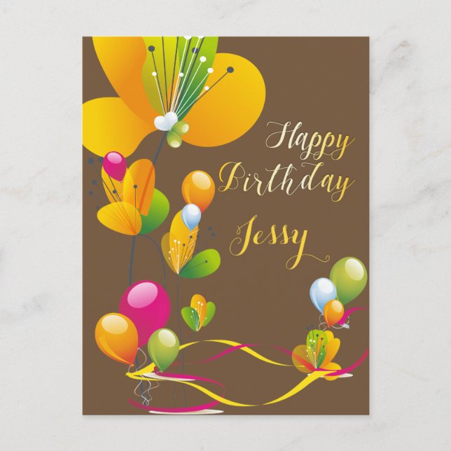 Colorful Flowers and Balloons Birthday Postcard (Front)