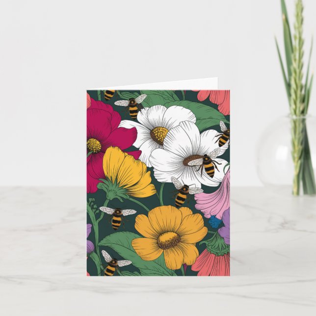 Colorful Flowers and Bees Blank Card (Front)