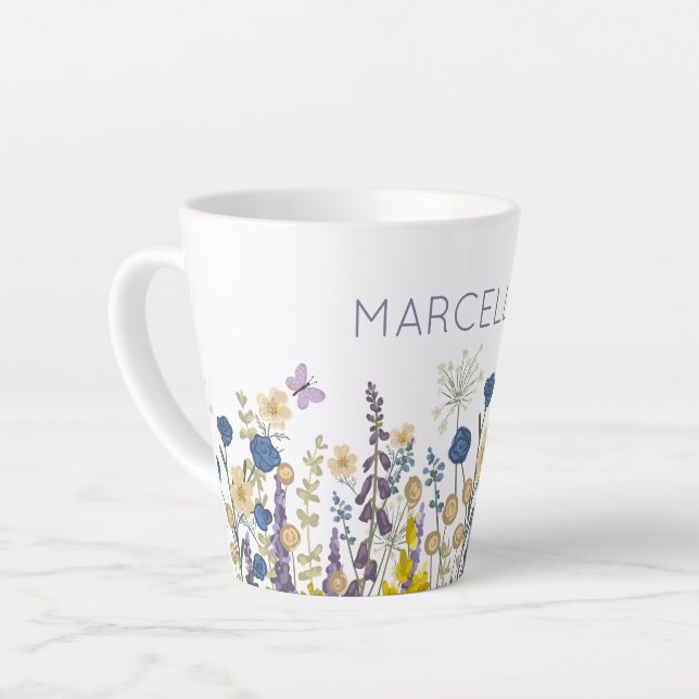 Colorful  Flowers and Butterflies Custom Name Latte Mug (Left Angle)