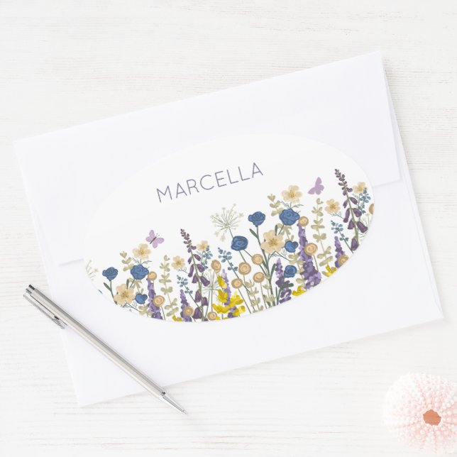 Colorful  Flowers and Butterflies Custom Name Oval Sticker (Envelope)