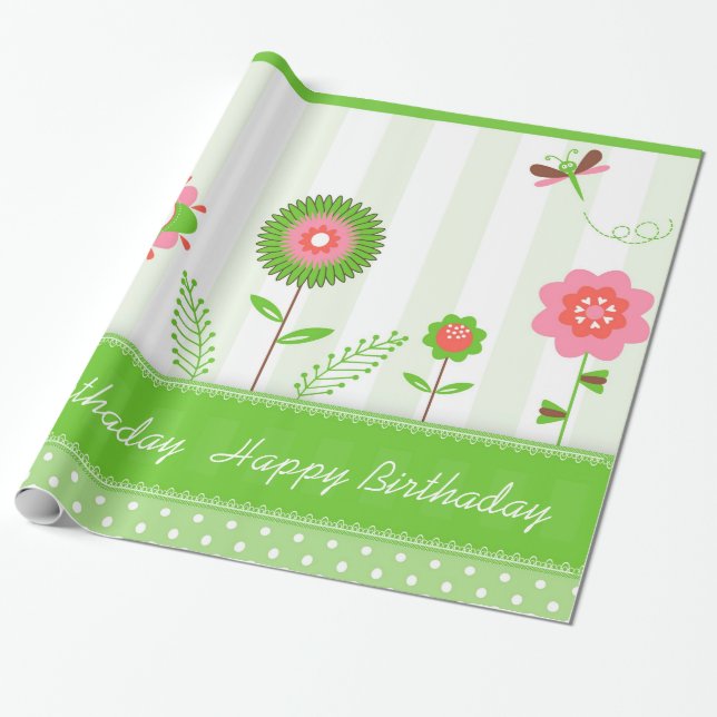 Colorful Flowers And Butterflies- Happy Birthday Wrapping Paper (Unrolled)