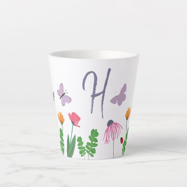 Colorful  Flowers and Butterflies Monogram H Latte Mug (Front)