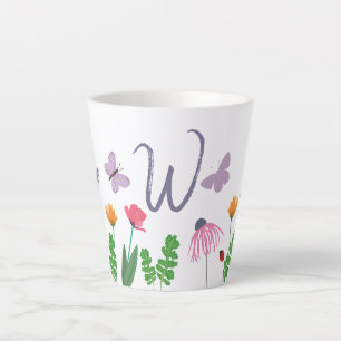 Colorful Flowers and Butterflies Monogram W Latte Mug