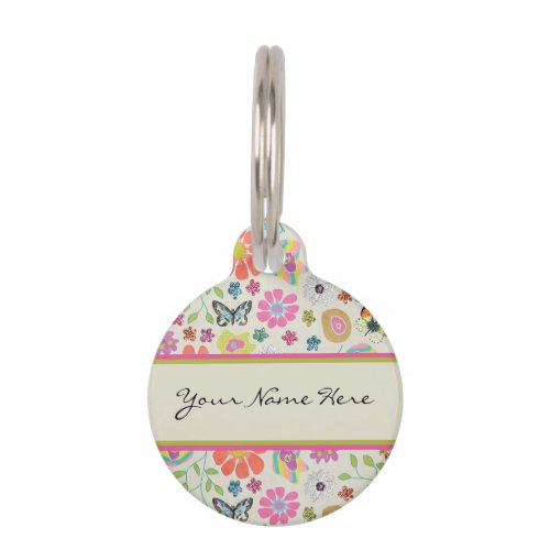 Colorful Flowers and Butterflies Pet Tag