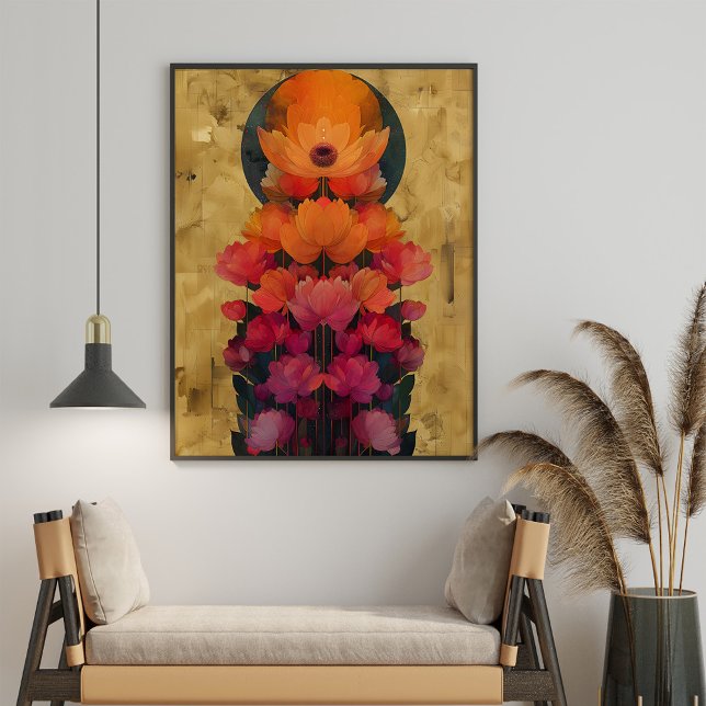 Colorful Flowers and Full Moon Painting Poster (Colorful Flowers and Full Moon Painting Poster in a boho living room.)