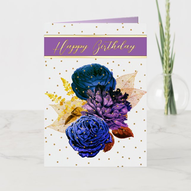  Colorful Flowers and Gold Accents Birthday  Foil Greeting Card (Front)