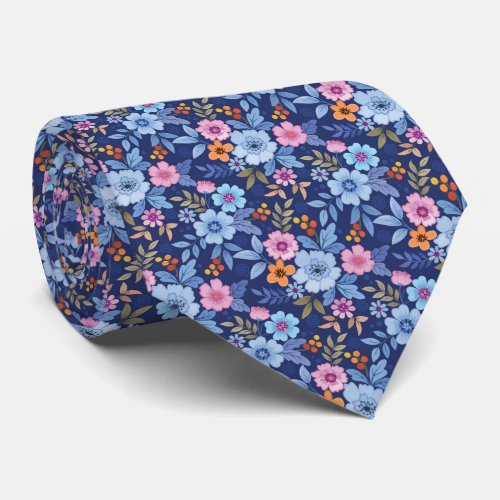 Colorful Flowers And Leaf On Dark Blue Background Neck Tie
