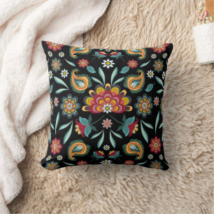 Colorful Flowers and Leaves Batik Style Throw Pillow