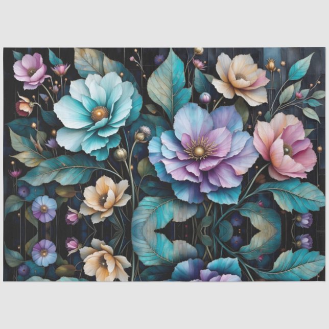 Colorful flowers and leaves black background tissue paper (Front)