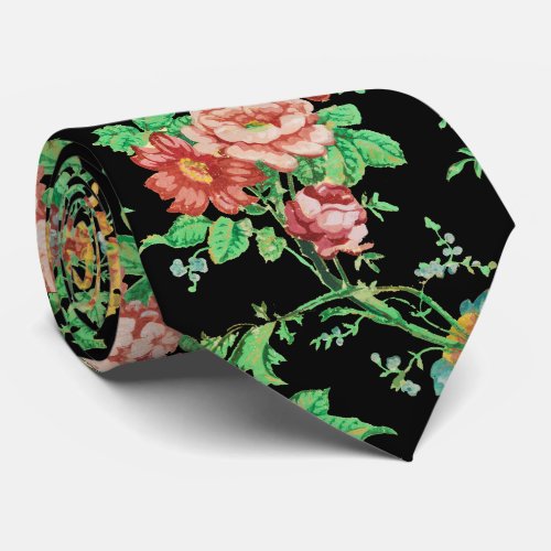 COLORFUL FLOWERS AND LEAVES DARK FLORAL Black Neck Tie
