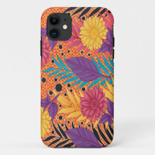 colorful flowers and leaves on a black background iPhone 11 case