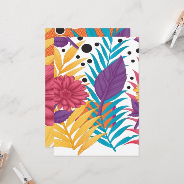 colorful flowers and leaves on a black background invitation (Front/Back In Situ)