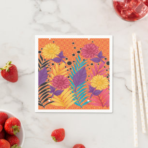 colorful flowers and leaves on a black background napkins
