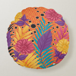 colorful flowers and leaves on a black background round pillow
