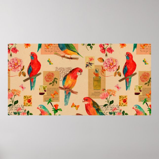 Colorful flowers and parrots pattern poster (Front)
