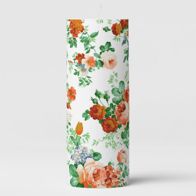 Colorful Flowers And Pink & Red Roses Pillar Candle (Front)