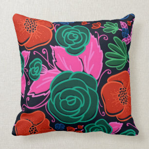Colorful Flowers and Roses- Pink Green And Black Throw Pillow