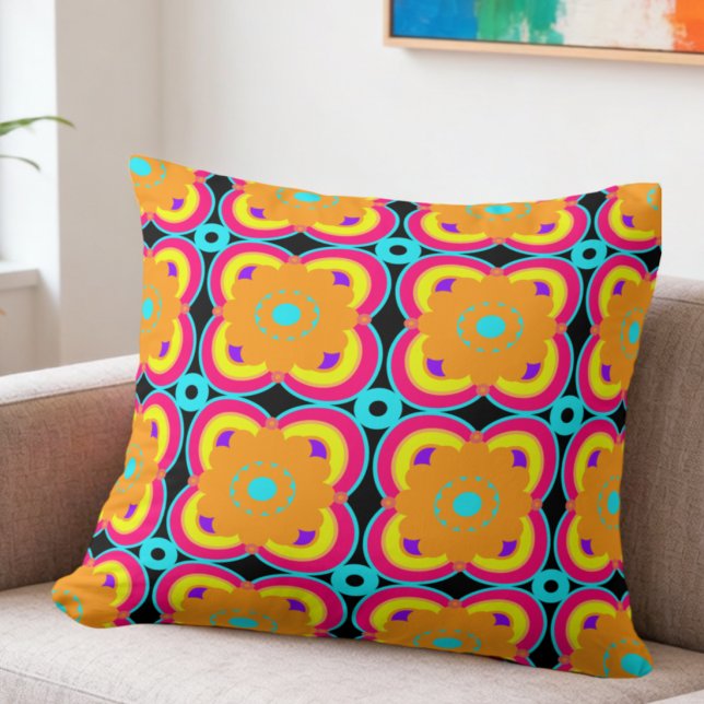 Colorful Flowers And Shapes Throw Pillow (Go big or go home. This retro flower pillow is all about bold color.)