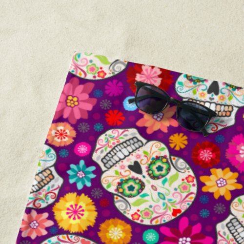 Colorful Flowers and Sugar Skulls Beach Towel