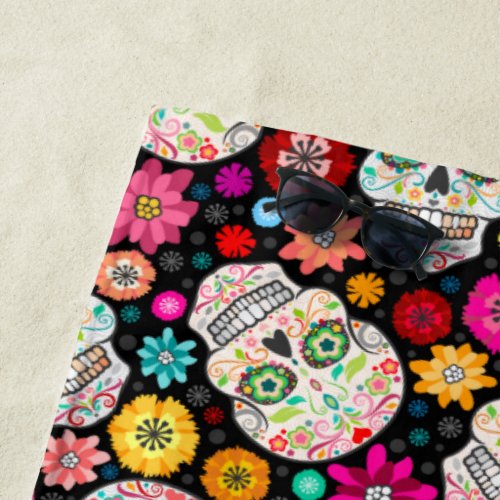 Colorful Flowers and Sugar Skulls Beach Towel