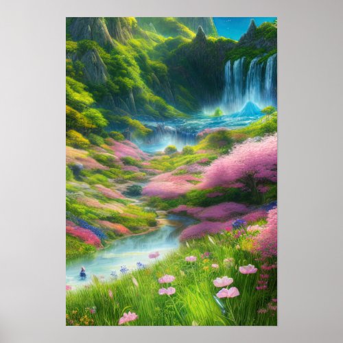 Colorful Flowers and Waterfall in a Green Valley Poster
